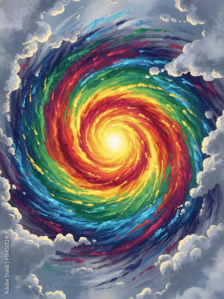 Fototapeta Colorful spiral weather map visualizes hurricane path with red core. Storm intensity shown by rainbow spectrum over dark ocean surface. Meteorological data predicts severe weather system. Weather 