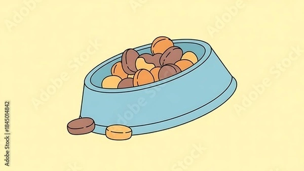 Fototapeta Clean vector illustration of a light blue pet bowl filled with tasty kibble pieces, with some scattered around, set against a soft yellow background