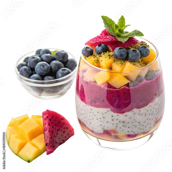 Obraz Dragon Fruit Mango Blueberry Parfait on transparent background