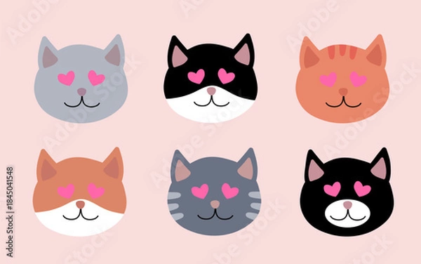 Fototapeta Set of Valentine day Cat head with eyes heart shape. Vector flat illustration.