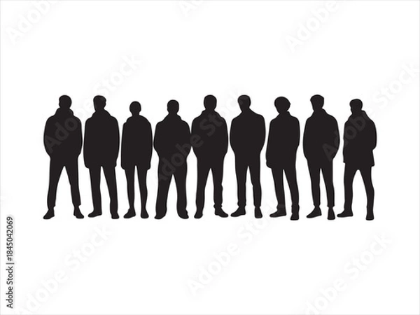 Fototapeta People standing in row silhouette vector, Diverse group of people standing together in silhouette vector ill