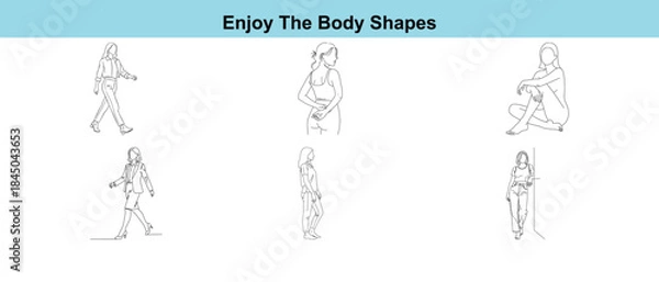 Fototapeta Black and white illustrations of various body shapes in different poses