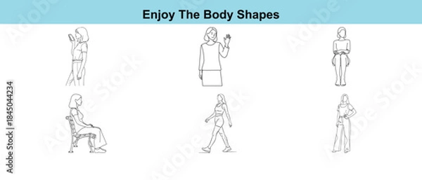 Fototapeta Black and white line art illustrations of people in various body shapes and poses