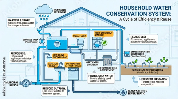 Obraz Household Water Conservation and Reuse System Infographic