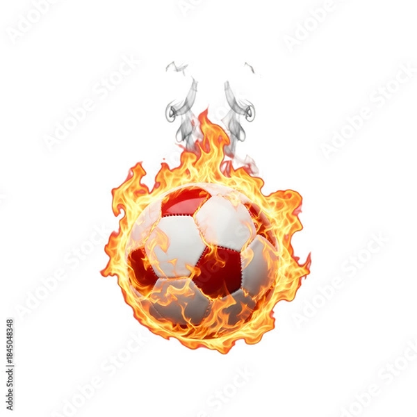 Obraz Flaming soccer ball engulfed in vibrant orange fire on white background