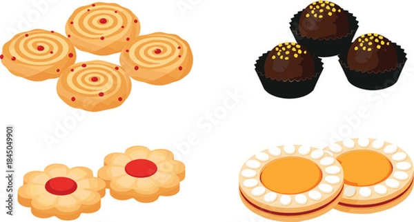 Fototapeta  Delicious vector illustration showcasing a variety of baked goods, including chocolate truffles, flower-shaped shortbreads, and swirled sugar cookies, perfect for bakery menus and dessert themes