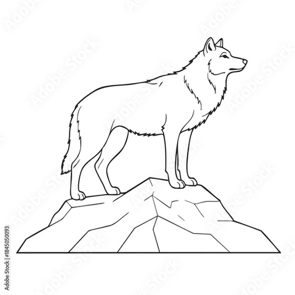 Obraz Standing Wolf Line Art Illustration On Rocky Cliff