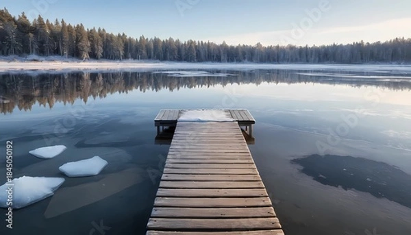 Fototapeta Serene frozen lake with a worn wooden dock, surrounded by snow-covered evergreen trees.
