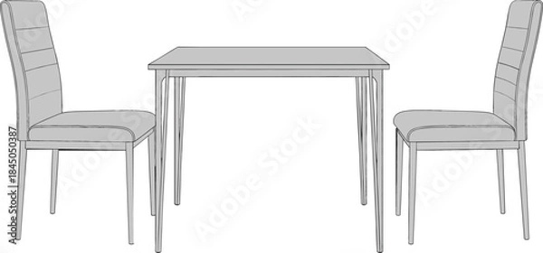 Fototapeta  Simple vector illustration depicting a contemporary, small-scale dining room set with two sleek chairs and a rectangular table, ideal for architectural renderings and design blueprints.
