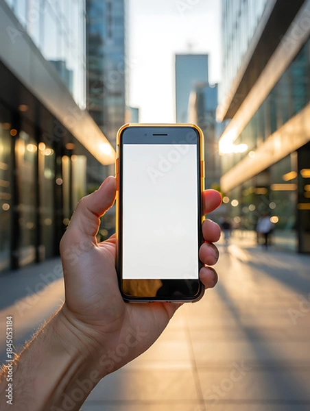 Obraz Hand Holding Smartphone with Blank Screen on Modern City Street at Golden Hour