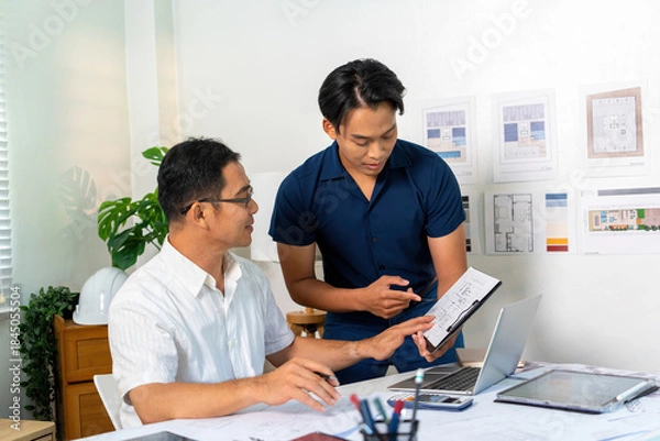 Obraz Architect Engineer Design Working on Blueprint Planning Concept. Construction Concept