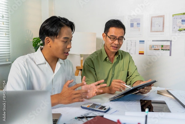 Obraz Architect Engineer Design Working on Blueprint Planning Concept. Construction Concept