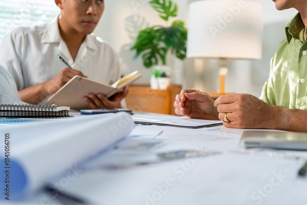 Obraz Architect Engineer Design Working on Blueprint Planning Concept. Construction Concept