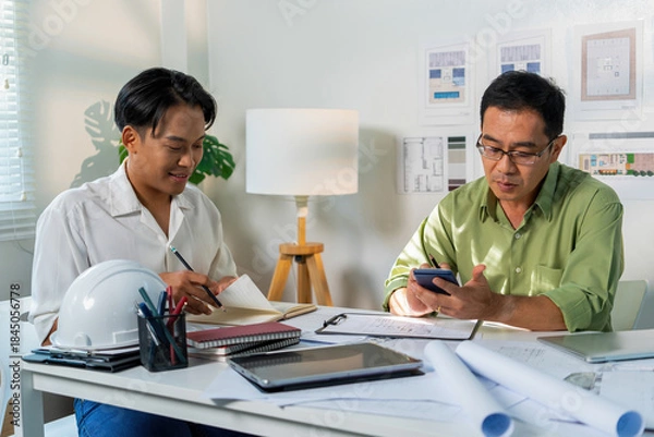 Obraz Architect Engineer Design Working on Blueprint Planning Concept. Construction Concept