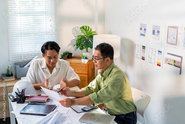 Obraz Architect Engineer Design Working on Blueprint Planning Concept. Construction Concept