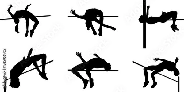 Obraz Silhouettes of athletes jumping over the bar.High jump. Track and field.Vector illustration.