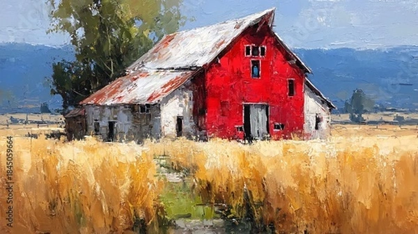 Obraz Rustic Red Barn Surrounded by Golden Fields Under Blue Sky