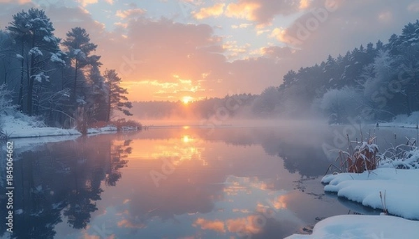 Obraz 【太陽の光芒】雪の森を照らす朝焼け（夕焼け）と、水面に映る完璧なミラーリフレクション