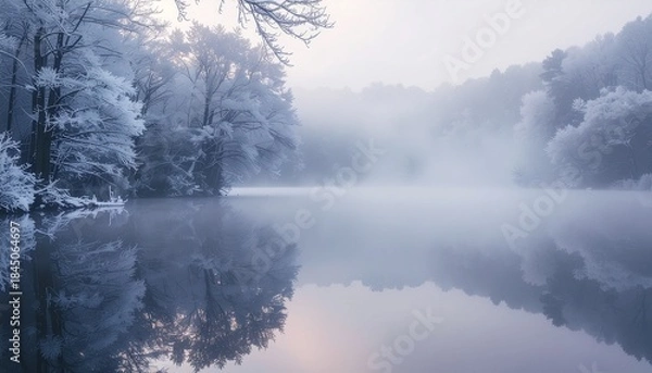 Obraz モノクロームの冬：霜に覆われた木々と水面が織りなす、深い霧の中の幻想的なリフレクション