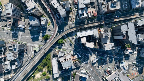 Obraz 現代都市と道路の真俯瞰ドローン空撮