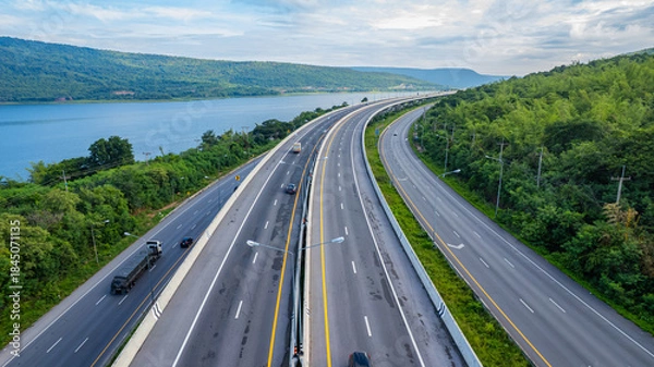 Fototapeta Expressways, motorways, highways, elevated roads, routes passing through mountains and bodies of water or dams offer beautiful scenery.
