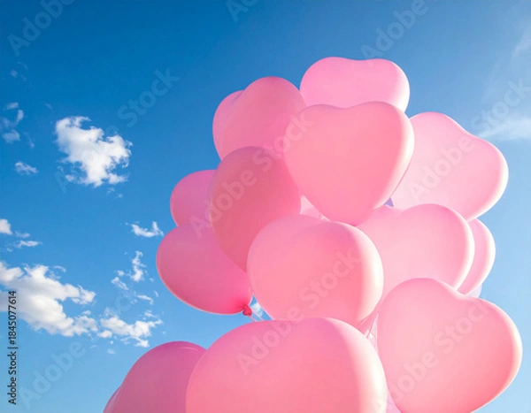 Obraz ピンク色のハートのバルーン　かわいい風船　バレンタイン　お祝い　青空の背景