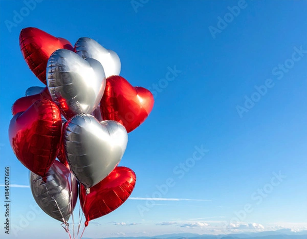 Obraz 赤色とシルバーのハートのバルーン　かわいい風船　バレンタイン　お祝い　青空の背景