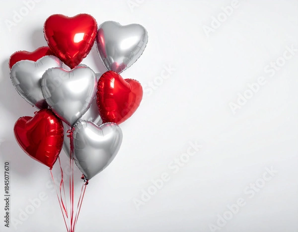 Obraz 赤色とシルバーのハートのバルーン　かわいい風船　バレンタイン　お祝い　白背景