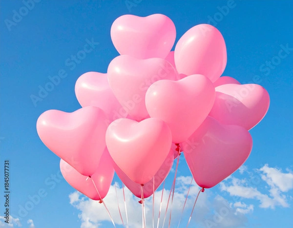 Obraz ピンク色のハートのバルーン　かわいい風船　バレンタイン　お祝い　青空の背景