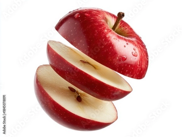 Fototapeta Flying apple or Sliced red apple isolated on white background