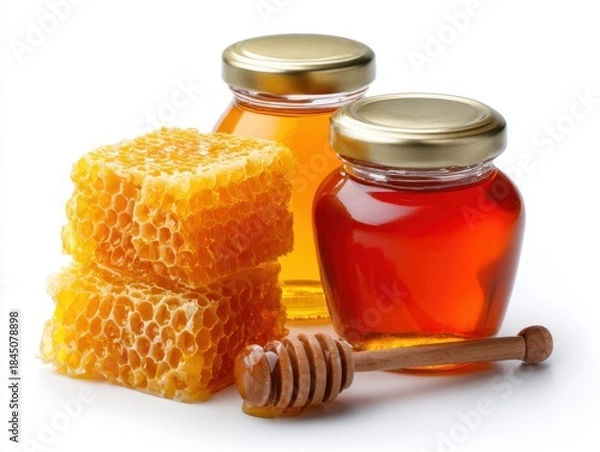 Fototapeta Pieces of yellow honeycomb and glass bottles containing honey isolated on white background.