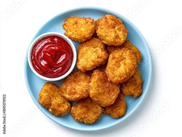 Fototapeta Tasty chicken nuggets with ketchup on Light blue plate isolated on white background, top view