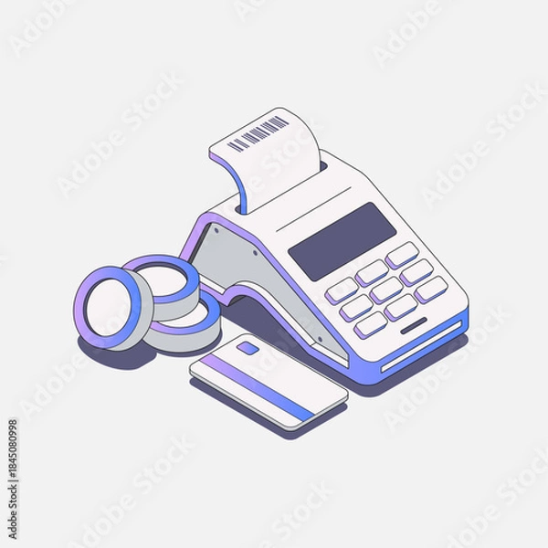 Fototapeta Isometric finance illustration with credit card, coins, and electronic payment terminal.