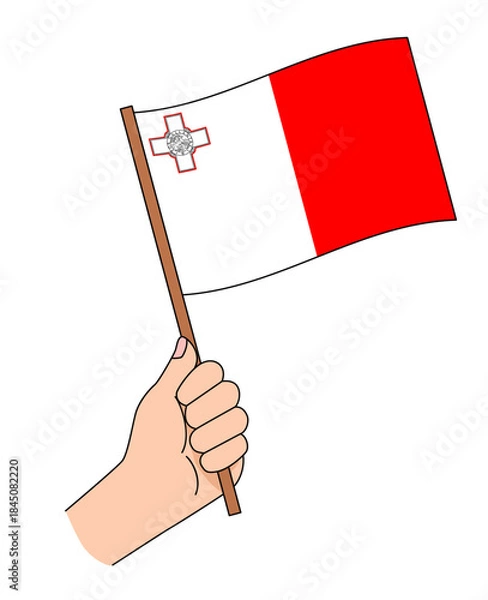 Fototapeta マルタの国旗を手に持って応援しているイラスト