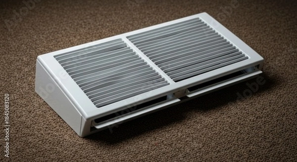 Obraz Rectangular, white air vent with parallel lines and slots on brown carpet