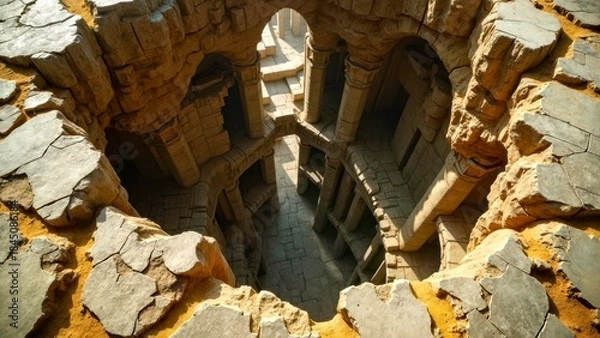 Fototapeta Decoration of ancient architectural landscape area with fissure device