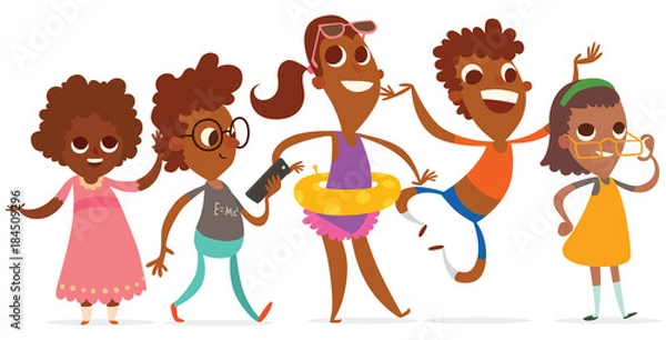 Fototapeta Vector cartoon image of a set of funny black little boys and girls in different clothes and in different poses on a white background. Summer, holidays. Vector illustration.