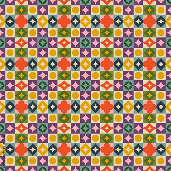 Obraz Vibrant Retro Geometric Seamless Pattern with Circles, Squares, Diamonds, and Quatrefoils in a Colorful Mid-Century Modern Style