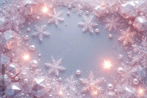 Fototapeta Winter Design Backdrop: Glistening Faceted Crystal Gems, Snowflakes, Luminous Pearls and Soft Glowing Lights on Silvery Background for New Year Invitations Illustration