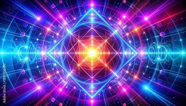 Obraz Geometric neon artwork featuring a central radiant light source