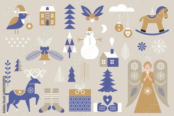 Obraz Scandinavian Christmas Vector Elements Set, Nordic Christmas Vector Illustrations and Holiday Elements