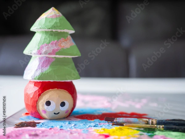 Obraz art toy wood carving cute wooden carved Basswood doll red merry christmas tree love happy xmas holiday celebration design acrylic color paint craft handmade decoration gift hobby model selected focus