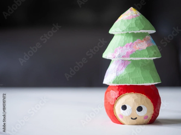Obraz art toy wood carving cute wooden carved Basswood doll red merry christmas tree love happy xmas holiday celebration design acrylic color paint craft handmade decoration gift hobby model selected focus