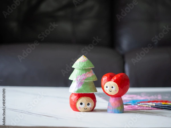 Obraz art toy wood carving cute wooden carved Basswood doll merry christmas tree red heart love happy valentine design acrylic color paint craft handmade decoration gift present hobby model selected focus