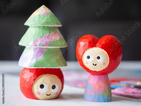 Obraz art toy wood carving cute wooden carved Basswood doll merry christmas tree red heart love happy valentine design acrylic color paint craft handmade decoration gift present hobby model selected focus