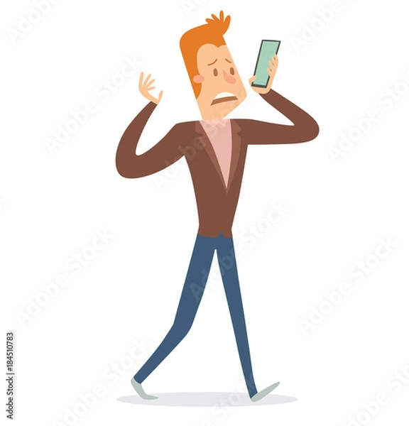 Fototapeta Vector cartoon image of a businessman with red hair in blue pants, light pink shirt, and brown jacket, talking on the black smartphone on a white background. Business illustration. Vector illustration