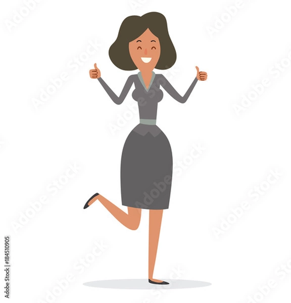Fototapeta Vector cartoon image of a business woman with black hair in a gray skirt and gray blouse showing thumbs up and standing on one leg on a white background. Business illustration. Vector illustration.