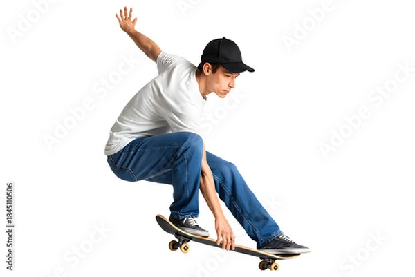 Fototapeta Professional young skateboarder in midair jump pose, isolated on a white background