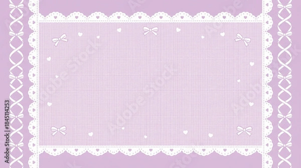 Obraz 白いレースとリボンの可愛いフレームイラスト、紫色の背景