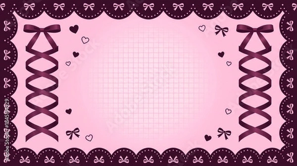 Obraz レースとリボンの可愛いフレームイラスト、ピンク色の背景